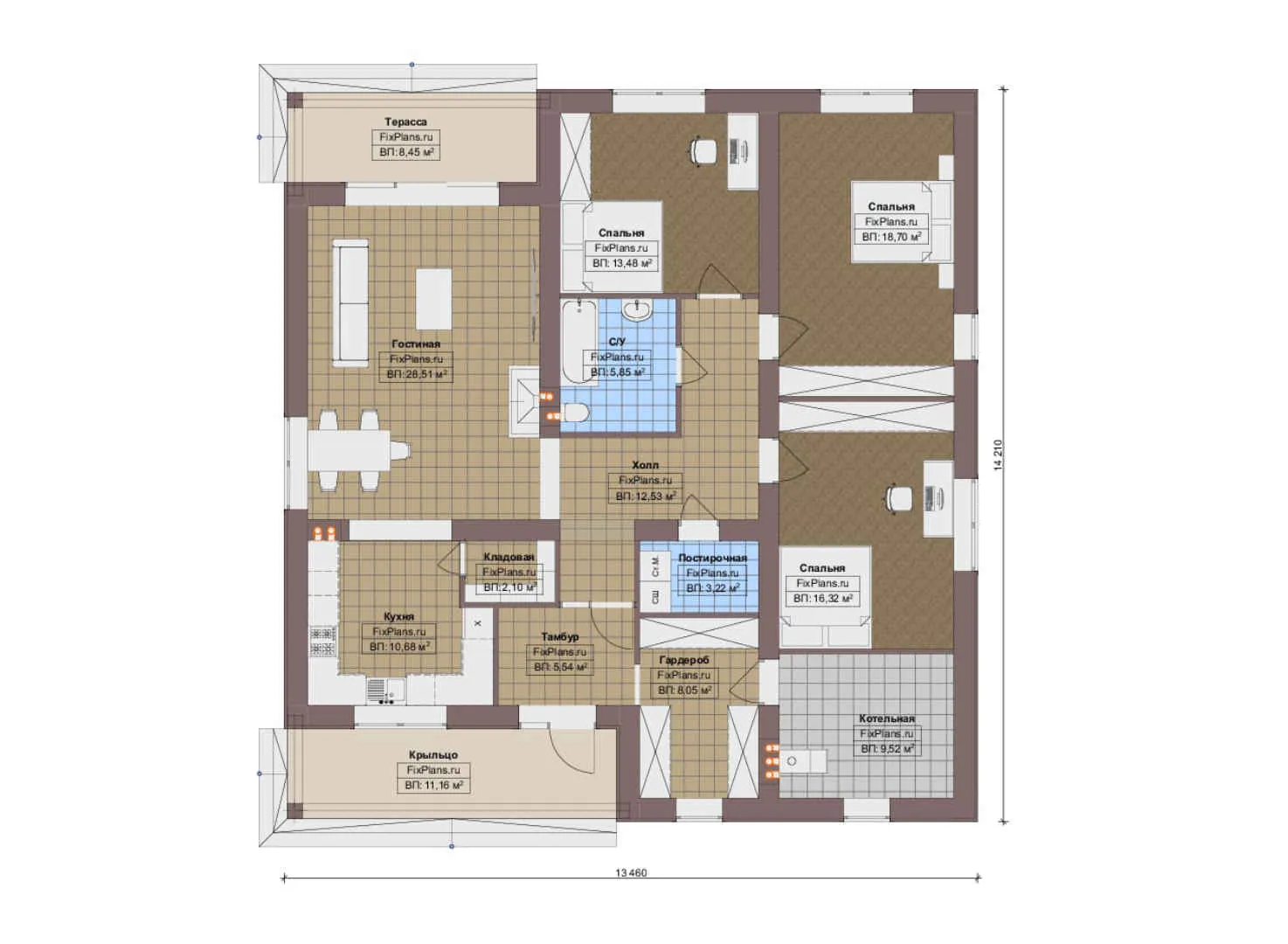 F-18593 - План одноэтажного дома 14 на 15, площадью 160 м² с террасой и 3 спальнями