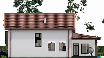 Проект дома с мансардой 16 на 18, площадью 300 м² с террасой, баней, гаражом на 1 машину и 4 спальнями — фасад 5