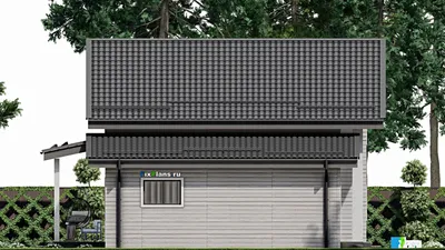 Проект дома с мансардой 11 на 13, площадью 170 м² с террасой, балконом, цокольным этажом, гаражом на 1 машину и 4 спальнями — фасад 4