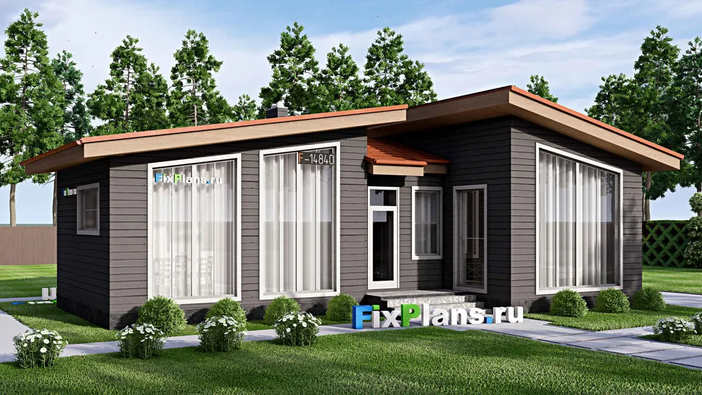 Проект бани 8 на 14, площадью 70 м² с 2 санузлами — фасад 1