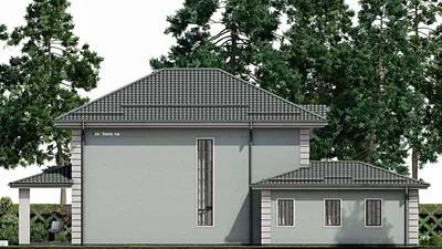 Проект двухэтажного дома 13 на 20, площадью 240 м² с террасой, гаражом на 2 машины и 3 спальнями — фасад 6