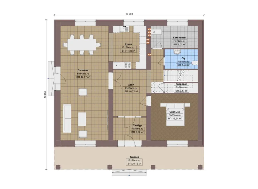 Проект двухэтажного дома 14 на 14, площадью 270 м² с террасой, балконом и 5 спальнями — 1-й этаж