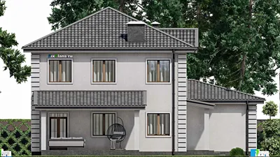 Проект двухэтажного дома 15 на 17, площадью 220 м² с террасой, гаражом на 2 машины и 4 спальнями — фасад 4