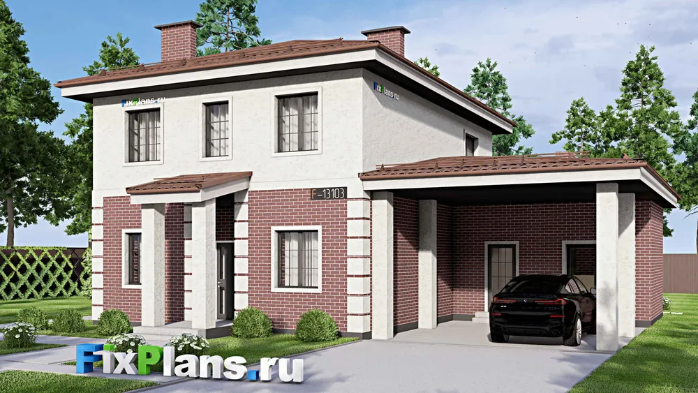Проект двухэтажного дома 15 на 16, площадью 220 м² с террасой, гаражом на 2 машины и 4 спальнями — фасад 1