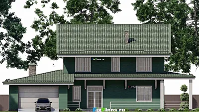 Проект дома с мансардой 19 на 23, площадью 400 м² с террасой, гаражом на 2 машины и 7 спальнями — фасад 3