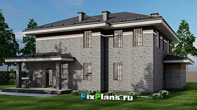 Проект двухэтажного дома 17 на 18, площадью 270 м² с террасой, балконом, гаражом на 2 машины и 3 спальнями — фасад 2