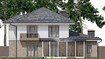 Проект двухэтажного дома 15 на 17, площадью 250 м² с террасой, балконом, гаражом на 2 машины и 4 спальнями — фасад 6