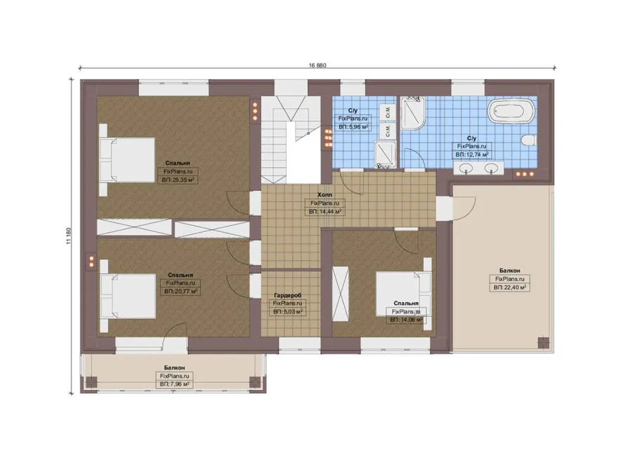 Проект двухэтажного дома 15 на 17, площадью 290 м² с террасой, балконом, баней, гаражом на 1 машину и 3 спальнями — 2-й этаж