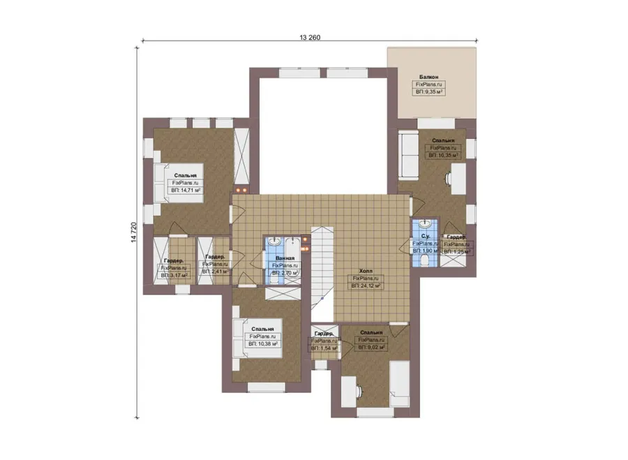 Проект дома с мансардой 14 на 15, площадью 240 м² с террасой, балконом, гаражом на 1 машину и 5 спальнями — 2-й этаж