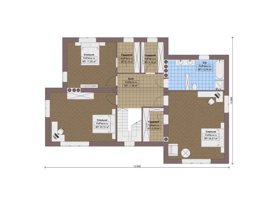 Проект двухэтажного дома 14 на 16, площадью 260 м² с террасой, гаражом на 1 машину и 4 спальнями — 2-й этаж