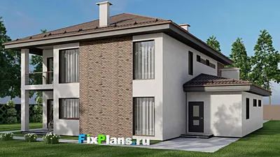 Проект двухэтажного дома 16 на 17, площадью 300 м² с террасой, балконом, баней, гаражом на 2 машины и 5 спальнями — фасад 2
