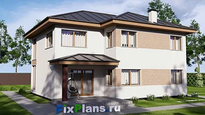 Проект двухэтажного дома 14 на 19, площадью 310 м² с террасой, балконом, гаражом на 2 машины и 4 спальнями — фасад 2