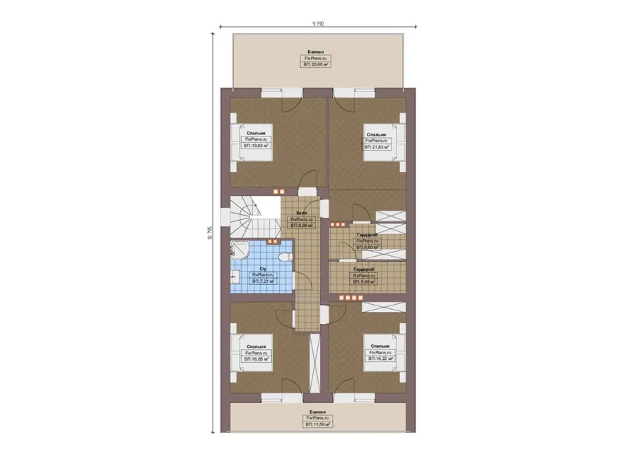 Проект дома с мансардой 11 на 19, площадью 280 м² с террасой, балконом, гаражом на 1 машину и 4 спальнями — 2-й этаж