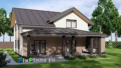 Проект дома с мансардой 16 на 17, площадью 280 м² с террасой, гаражом на 1 машину и 4 спальнями — фасад 2