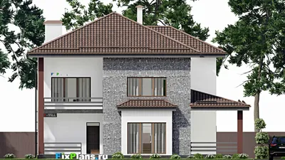 Проект двухэтажного дома 16 на 16, площадью 470 м² с террасой, балконом и 4 спальнями — фасад 3
