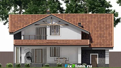 Проект дома с мансардой 14 на 16, площадью 250 м² с террасой, балконом, гаражом на 1 машину, спортзалом и 4 спальнями — фасад 6