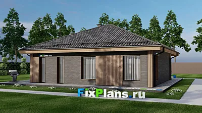 Проект одноэтажного дома 12 на 12, площадью 220 м² с террасой и 3 спальнями — фасад 2