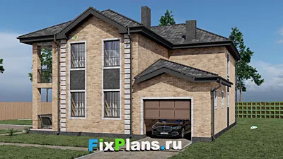 Проект двухэтажного дома 13 на 15, площадью 270 м² с террасой, балконом, гаражом на 1 машину и 4 спальнями — фасад 2