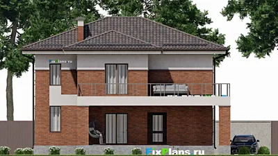 Проект двухэтажного дома 14 на 16, площадью 270 м² с террасой, балконом и 6 спальнями — фасад 6
