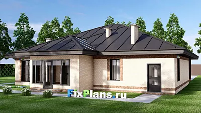 Проект одноэтажного дома 17 на 21, площадью 210 м² с террасой, гаражом на 2 машины и 3 спальнями — фасад 2