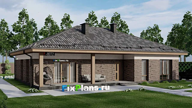 Проект одноэтажного дома 13 на 17, площадью 180 м² с террасой и 4 спальнями