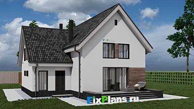 Проект дома с мансардой 12 на 13, площадью 200 м² с террасой, гаражом на 1 машину и 4 спальнями — фасад 2