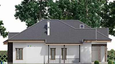 Проект дома с мансардой 18 на 18, площадью 340 м² с террасой, цокольным этажом и 3 спальнями — фасад 4