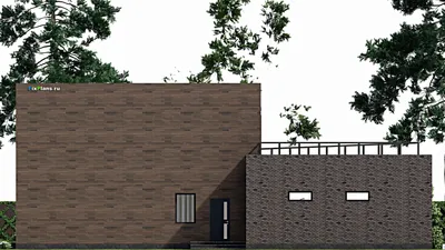 Проект двухэтажного дома 21 на 22, площадью 450 м² с террасой, баней, гаражом на 2 машины и 3 спальнями — фасад 5