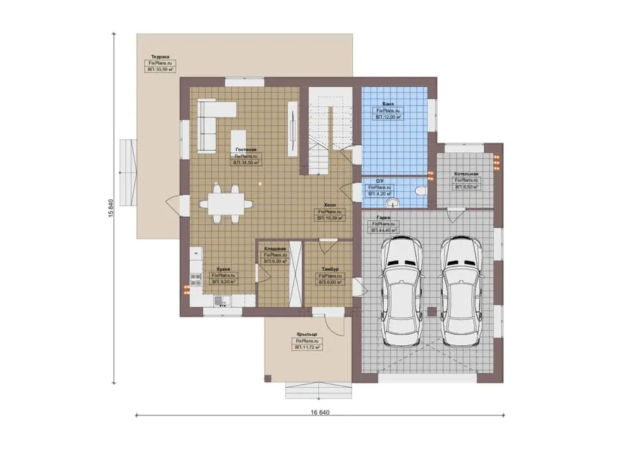 Проект двухэтажного дома 16 на 17, площадью 310 м² с террасой, баней, гаражом на 2 машины и 3 спальнями — 1-й этаж