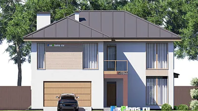 Проект двухэтажного дома 14 на 19, площадью 310 м² с террасой, балконом, гаражом на 2 машины и 4 спальнями — фасад 3
