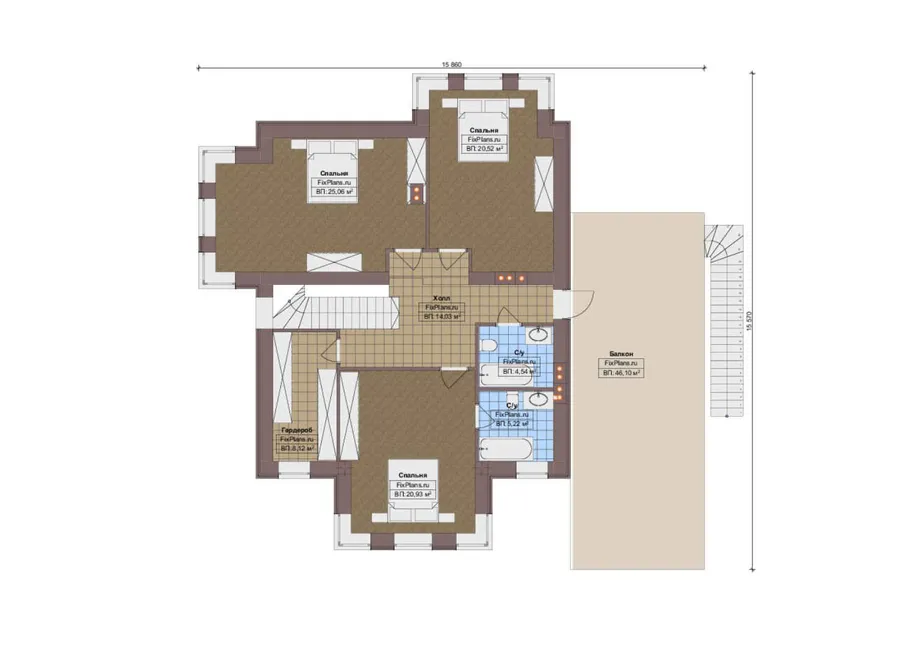 Проект двухэтажного дома 16 на 18, площадью 270 м² с террасой, балконом и 4 спальнями — 2-й этаж
