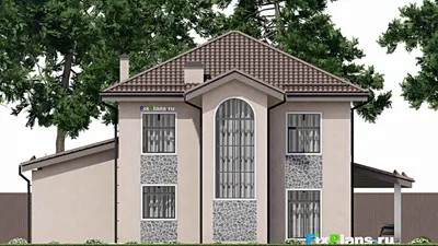 Проект двухэтажного дома 15 на 15, площадью 240 м² с террасой, балконом, баней, гаражом на 1 машину и 3 спальнями — фасад 6