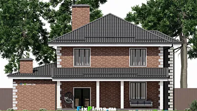 Проект двухэтажного дома 14 на 17, площадью 280 м² с террасой, балконом, гаражом на 1 машину и 4 спальнями — фасад 6