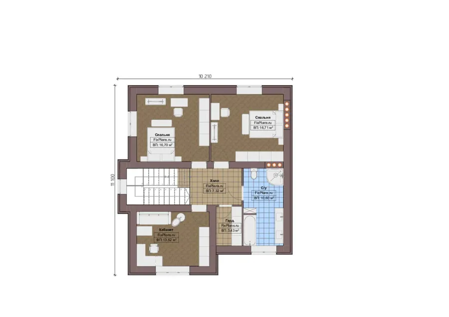 Проект двухэтажного дома 12 на 15, площадью 220 м² с террасой, гаражом на 1 машину и 3 спальнями — 2-й этаж