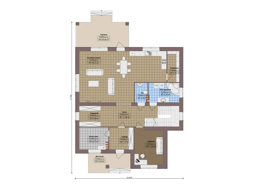 Проект двухэтажного дома 13 на 18, площадью 290 м² с террасой, балконом и 4 спальнями — 1-й этаж