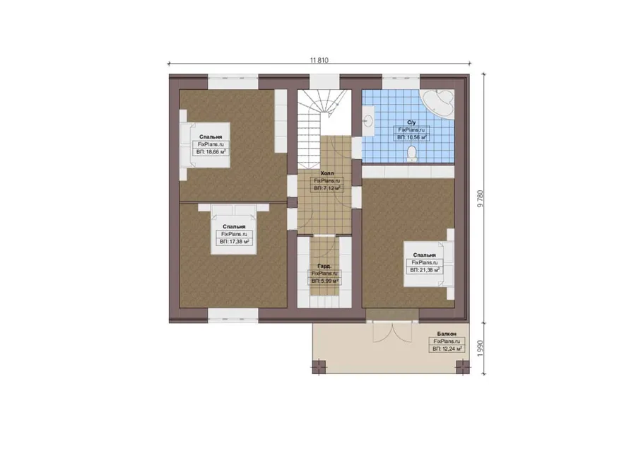 Проект двухэтажного дома 12 на 17, площадью 280 м² с террасой, балконом, гаражом на 1 машину и 4 спальнями — 2-й этаж