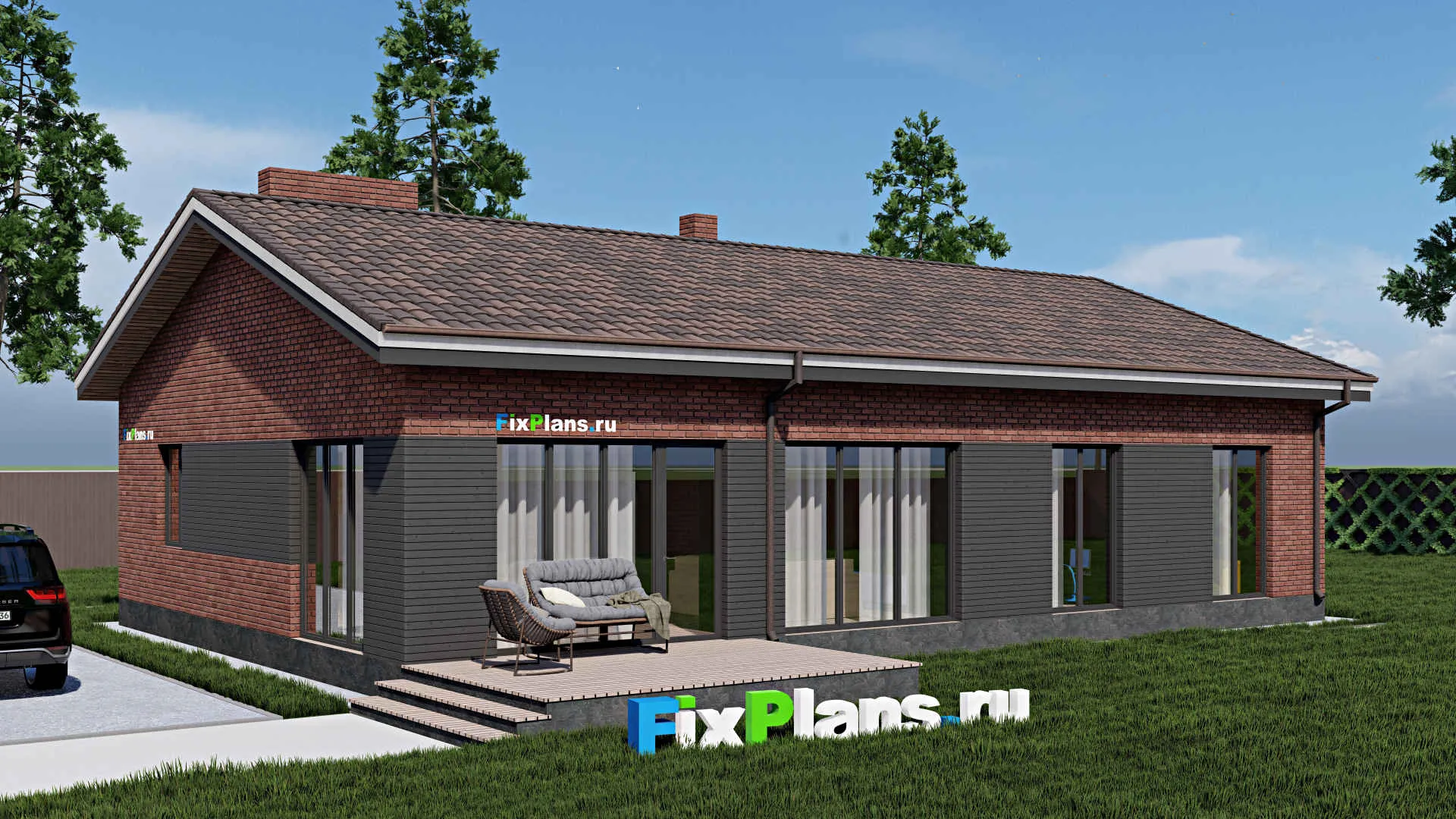 F-0449 - Проект одноэтажного дома 14 на 17, площадью 160 м² с террасой и 3 спальнями