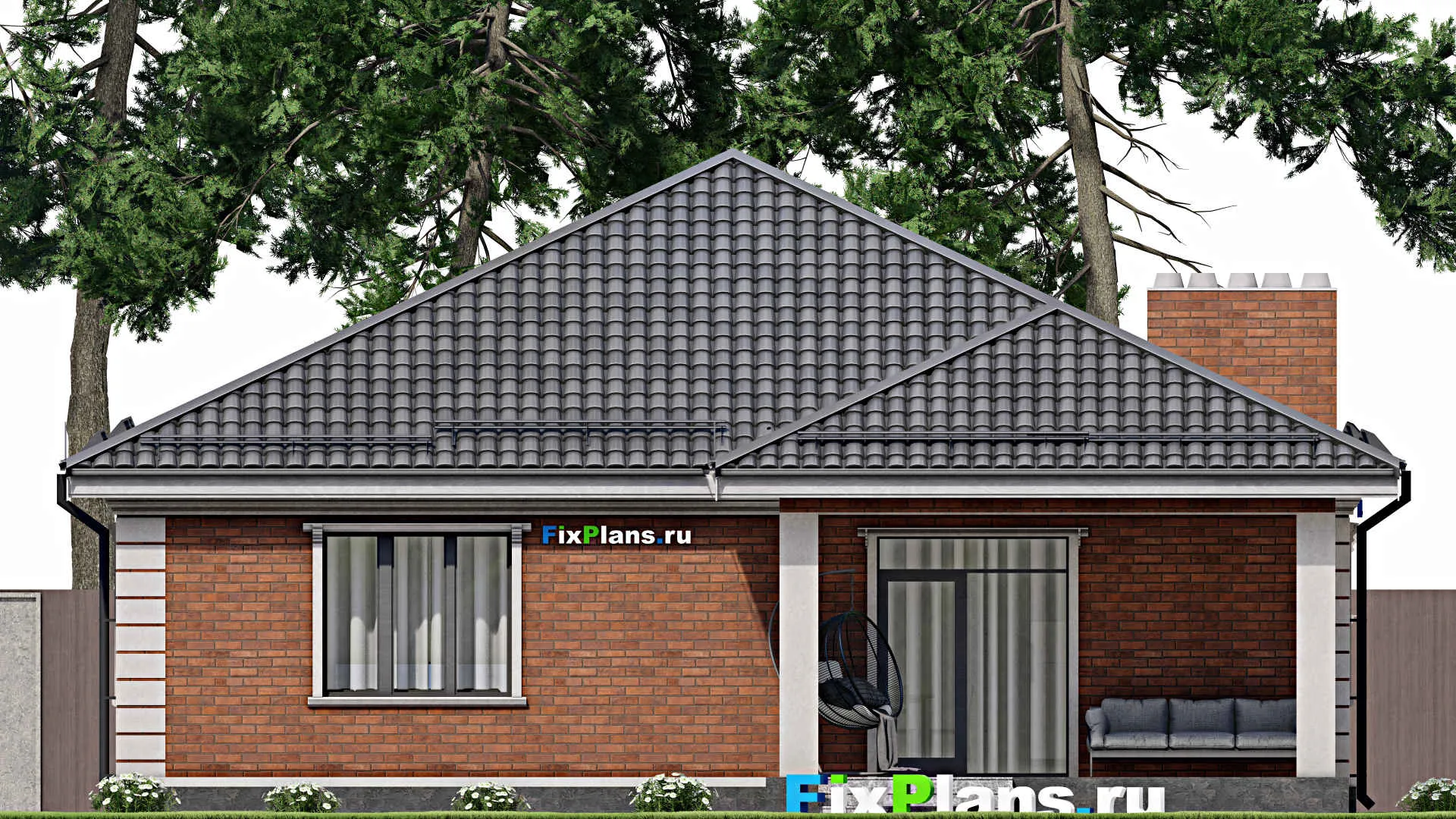 F-8585 - Проект одноэтажного дома 13 на 21, площадью 180 м² с террасой и 3 спальнями