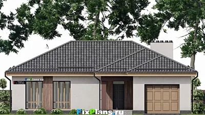 Проект одноэтажного дома 15 на 16, площадью 150 м² с террасой, гаражом на 1 машину и 2 спальнями — фасад 3