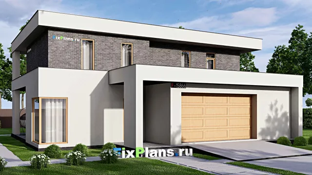 Проект двухэтажного дома 16 на 17, площадью 410 м² с террасой, балконом, гаражом на 2 машины и 4 спальнями