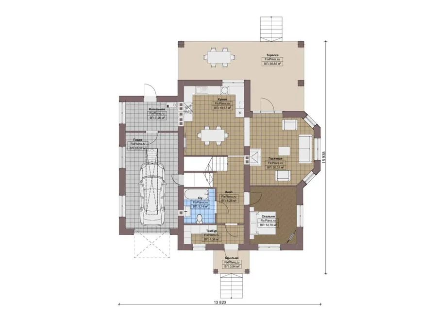 Проект дома с мансардой 14 на 16, площадью 250 м² с террасой, балконом, гаражом на 1 машину, спортзалом и 4 спальнями — 1-й этаж