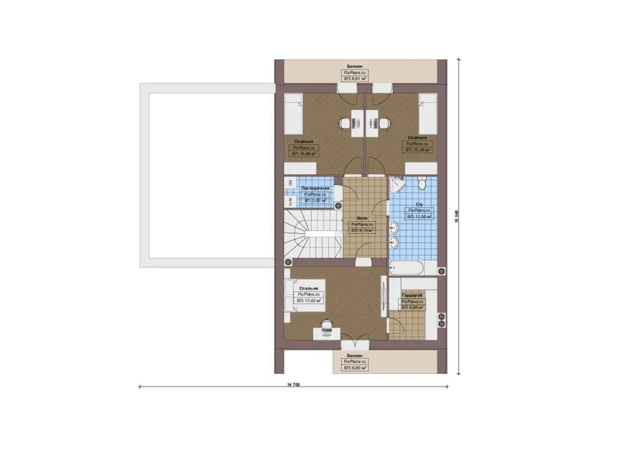 Проект дома с мансардой 15 на 18, площадью 270 м² с террасой, балконом, гаражом на 2 машины и 3 спальнями — 2-й этаж