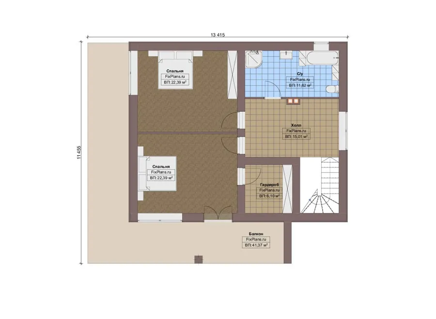 Проект двухэтажного дома 12 на 14, площадью 250 м² с террасой, балконом, баней, спортзалом и 2 спальнями — 2-й этаж