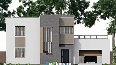 Проект двухэтажного дома 12 на 16, площадью 220 м² с террасой, гаражом на 2 машины и 3 спальнями — фасад 3