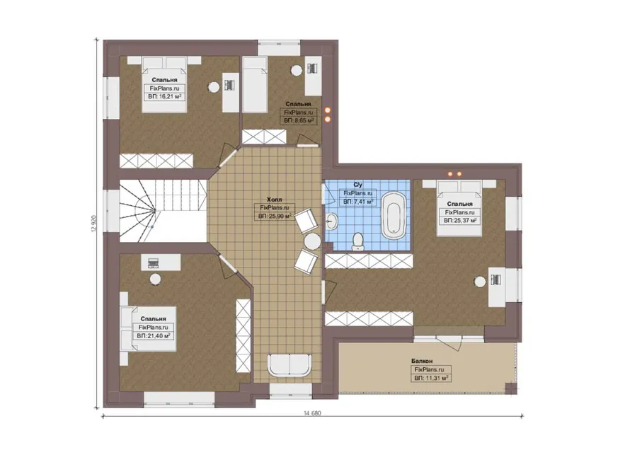 Проект двухэтажного дома 13 на 15, площадью 270 м² с террасой, балконом, гаражом на 1 машину и 4 спальнями — 2-й этаж