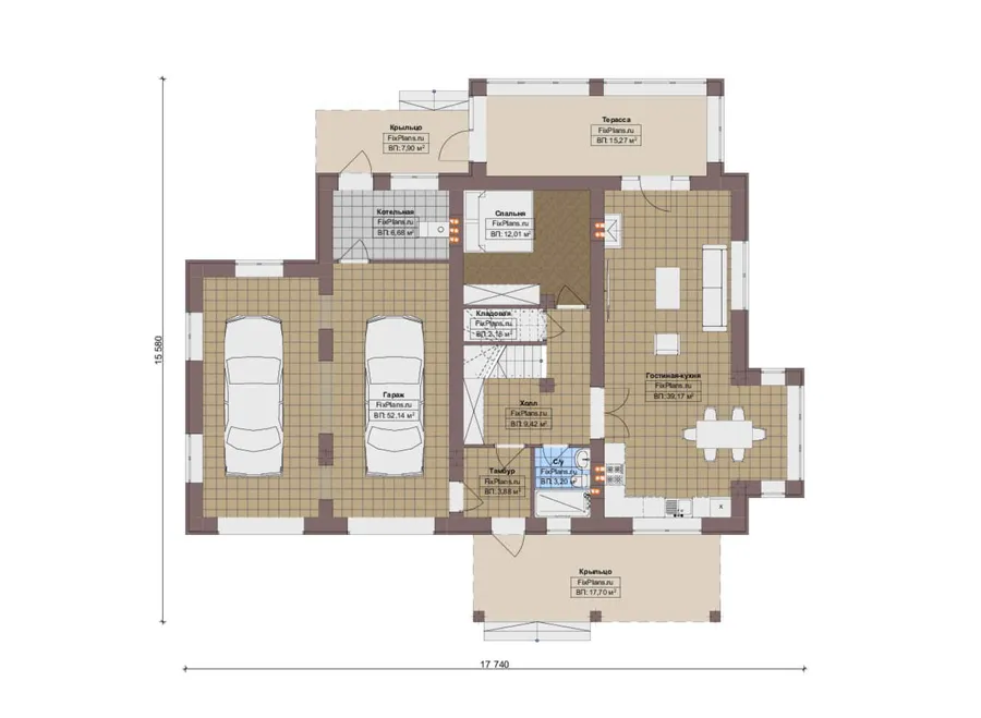 Проект двухэтажного дома 16 на 18, площадью 270 м² с террасой, гаражом на 2 машины и 4 спальнями — 1-й этаж