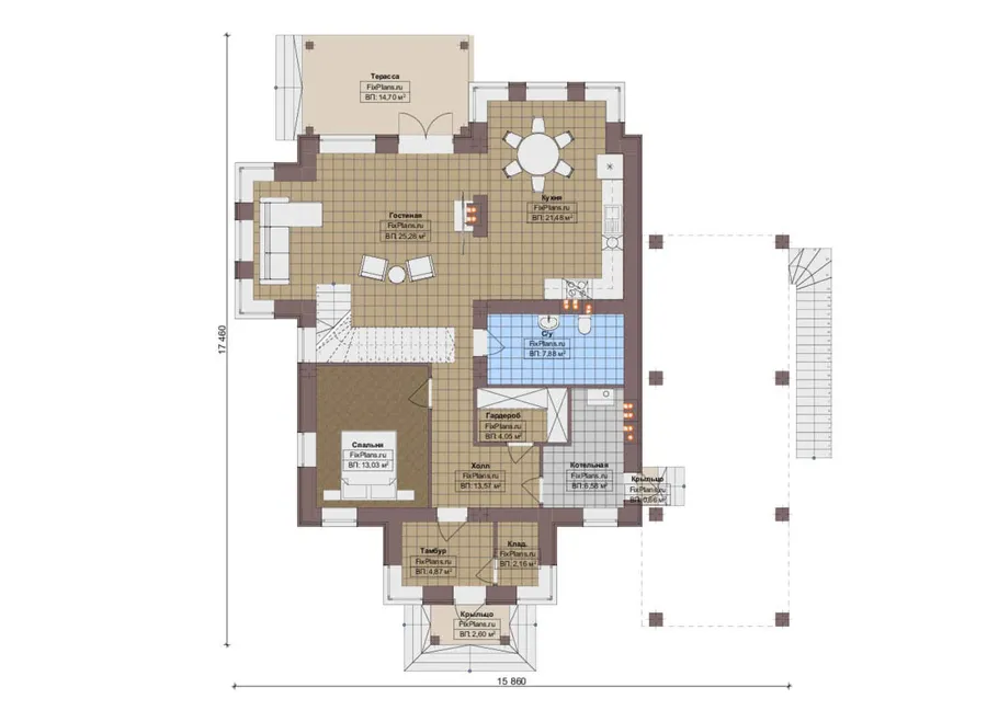 Проект двухэтажного дома 16 на 18, площадью 270 м² с террасой, балконом и 4 спальнями — 1-й этаж