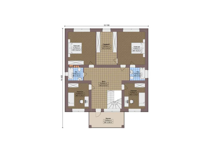 Проект двухэтажного дома 13 на 20, площадью 270 м² с террасой, балконом и 4 спальнями — 2-й этаж