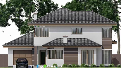 Проект двухэтажного дома 14 на 17, площадью 220 м² с террасой, гаражом на 1 машину и 3 спальнями — фасад 3