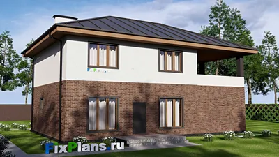 Проект двухэтажного дома 15 на 16, площадью 270 м² с террасой, балконом, гаражом на 2 машины и 5 спальнями — фасад 2
